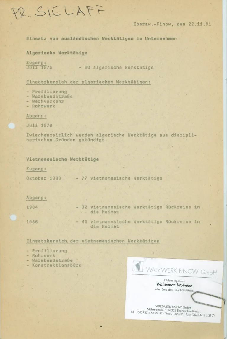 Maschinenschriftliche Aufstellung der Walzwerk Eberswalde-Finow GmbH vom 22. November 1991 über algerische und vietnamesische Werktätige