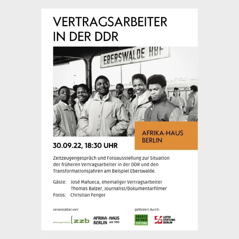 Plakat der Veranstaltung im Afrika-Haus Berlin am 30. September 2022 mit Fengers Foto vom Bahnhof Eberswalde